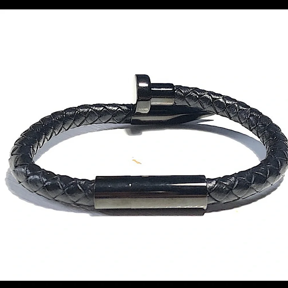 Black Leather Nail Magnetic Bracelet, Braided, Unisex